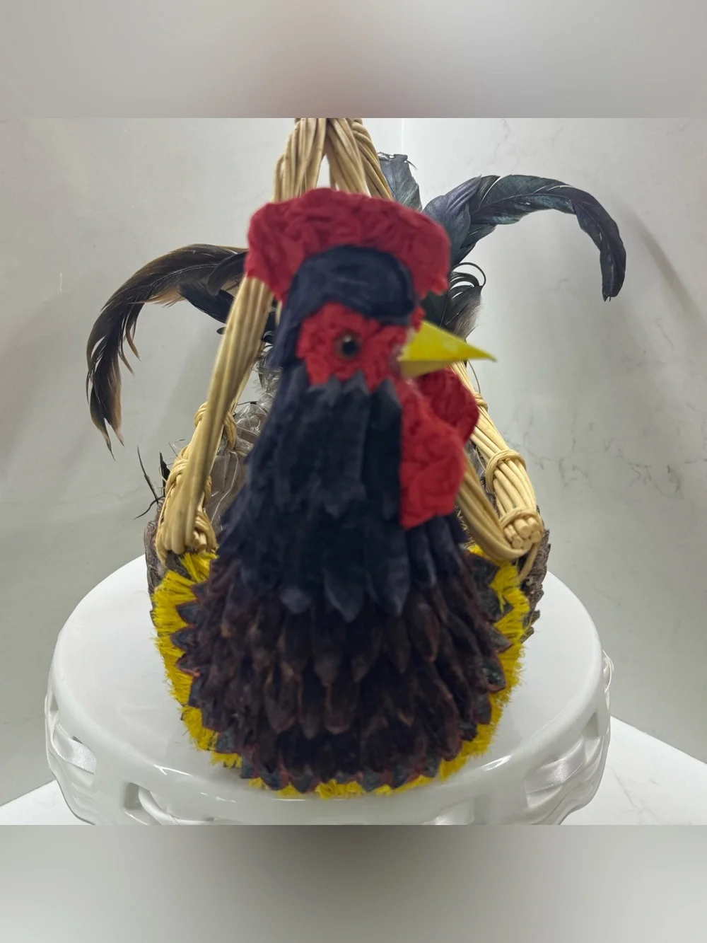 Vintage Handcrafted Rooster Wicker Basket Centerpiece Feather Country Farmhouse